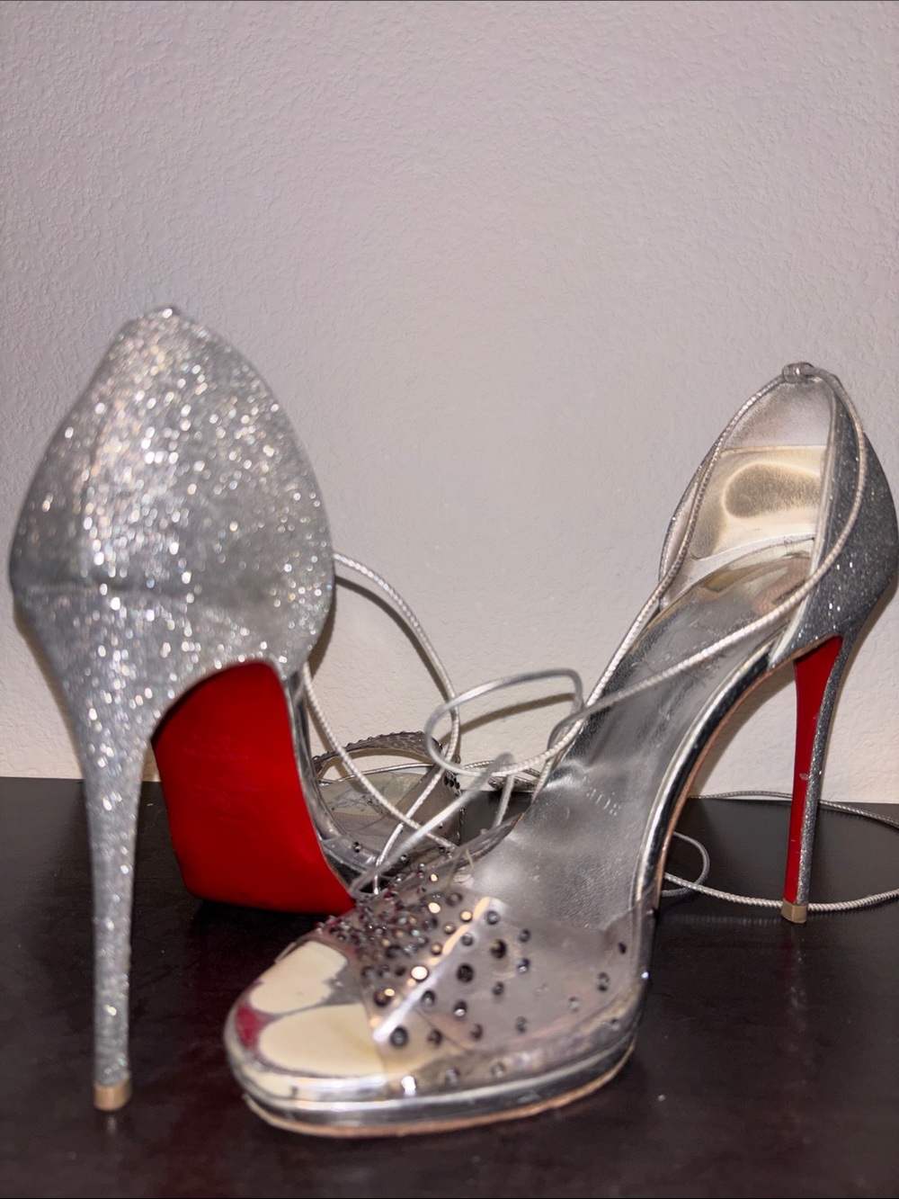 Christian Louboutin Silver Glitter Lace-Up Stiletto Sandals with Red Soles